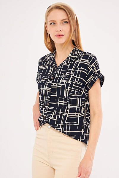 armonika Kadın Laci- Bej Desenli Kısa Kol Gömlek ARM-22Y001052