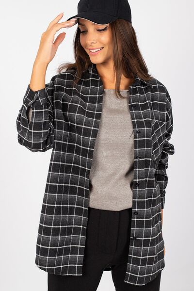 armonika Women's Anthracite Plaid Pattern Oversize Shirt Arm-22Y001157