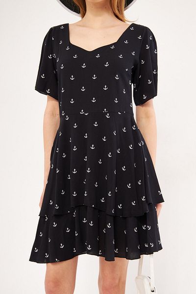 armonika Dámské černé šaty minus s krátkým rukávem sukně s vrstveným zipem se vzorem mini velikost ARM-24Y001026