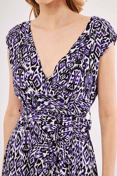 armonika Lilafarbenes Efta-Kleid für Damen, Kragen vorne und hinten, zweireihig, mit Gürtel, gemustert, Midilänge, ARM-24Y001027