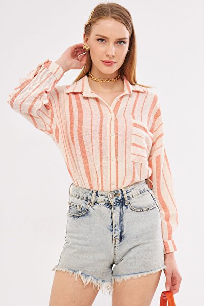 armonika Помаранчева смугаста жіноча сорочка оверсайз з довгим рукавом плісирована кишеня ззаду Детальна інформація ARM24Y001053
