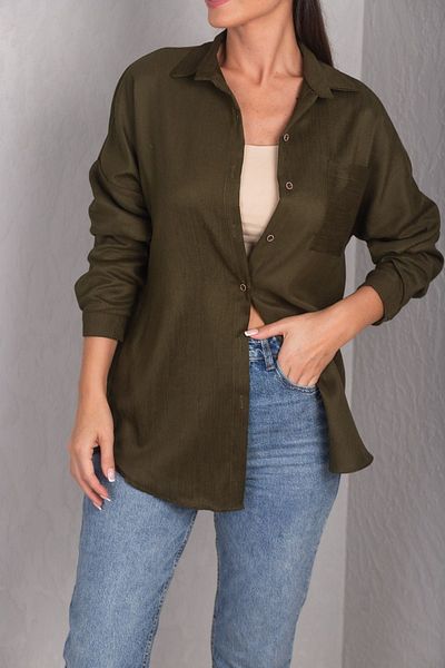 armonika Dámská tmavá khaki oversize sametová dlouhá základní košile s kapsami ARM-22Y001193