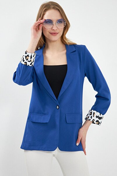 armonika سترة نسائية من Saks Dekaxy مع غطاء جيب وأكمام على شكل جلد الفهد - 24...