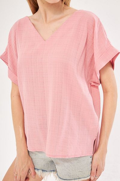 armonika Dusty Rose V-Neck Slit Διπλό μανίκι Oversize Γυναικεία Μπλούζα - ARM-24Y 001074