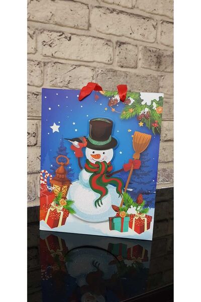 Gülün Dükkanı Büyük Karton Çanta , Poşet Yeniyıl Kardan Adam Temalı , Kabartm...