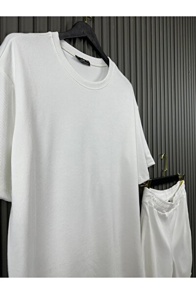 NO 601 Σετ ανδρικό μπλουζάκι και σορτς από λευκό κορδόνι από ύφασμα