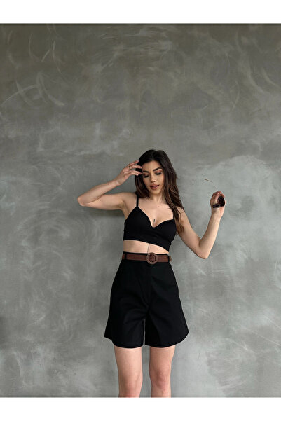 Fav Style Dámské široké šortky Gabardine s vysokým pasem a kapsami – černé