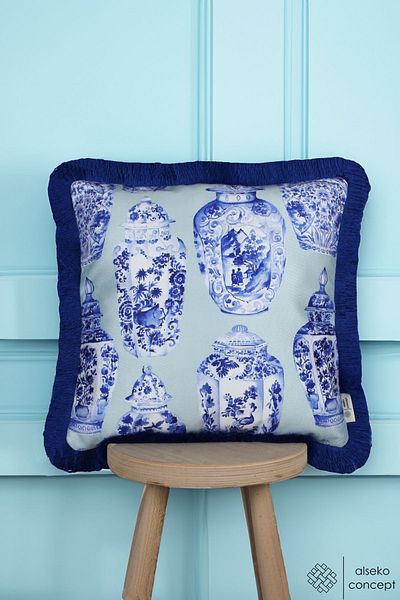 Alseko Concept 43x43cm Square Throw Pillow Cover - Flower Pot Tassel, Mint Floor, Tile Vase Patterned