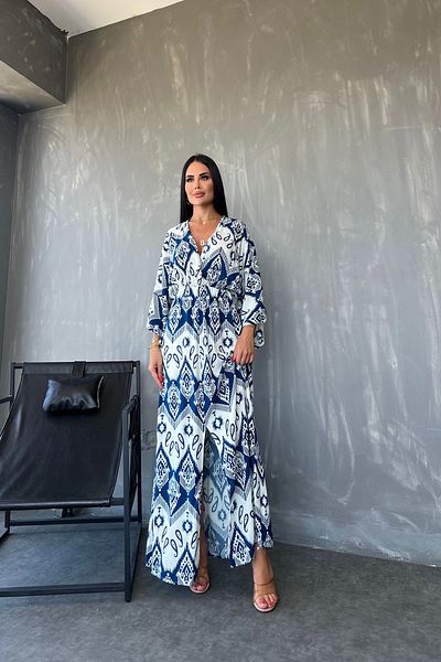 kamacibutik Rochie de vară din viscoză cu model etnic cu guler dublu - Detaliu cu fantă