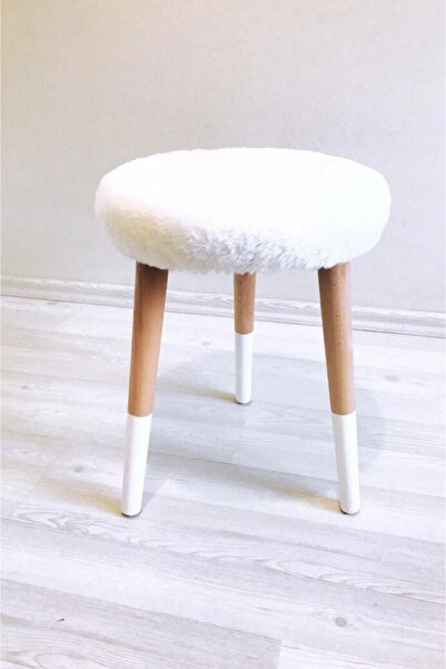 Neta Trade Ahşap Ayak Beyaz Dekoratif Pelüş Puf Tabure Bench Yuvarlak Koltuk Sandalye