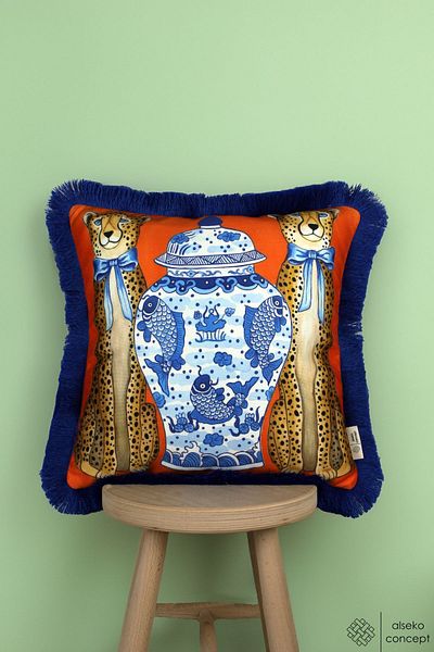 Alseko Concept 43x43cm Square Throw Pillow Cover - Flower Pot Tassel, Tile Vase and Leopard Pattern