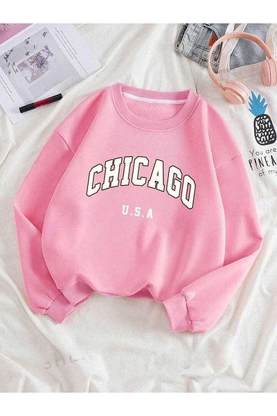 trendgar Φούτερ Chicago Printed Pink Crew Neck