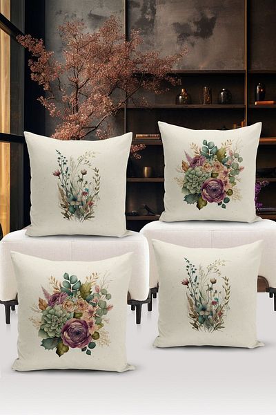 Bertille Home Flower/Vintage Series Double Sided Digital Printed 4-Piece Throw Pillow Case Set (Cushion Cover Set)