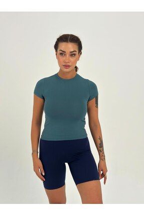 Maison La Femme Petrol Ye ili Fitted vucuda Oturan Crop T shirt Fiyat Yorumlar Trendyol