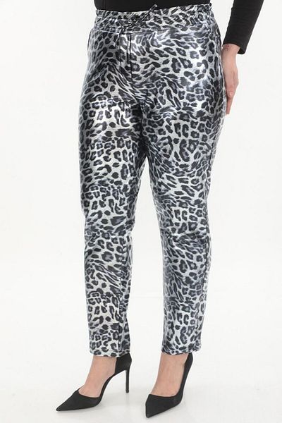 AKŞEN GİYİM Leopard Print - Loose Lycra Leather Trousers with Lace-up Waist and Thin Ribbon, Large Size