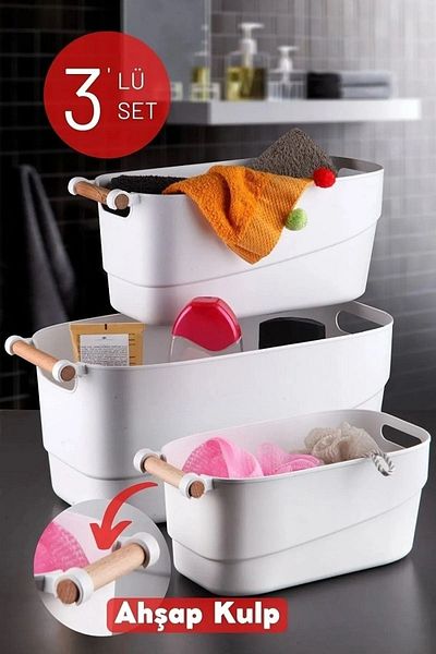 Open Home Concept White Set of 3 - Multi-Purpose, Retro Basket Organizer with Wooden Handles