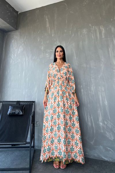 kamacibutik Rochie de vară din viscoză cu model etnic cu guler dublu - Detaliu cu fantă