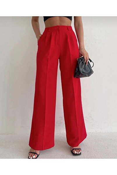 polle Kadın Kırmızı Yüksek Bel Palazzo Pantolon