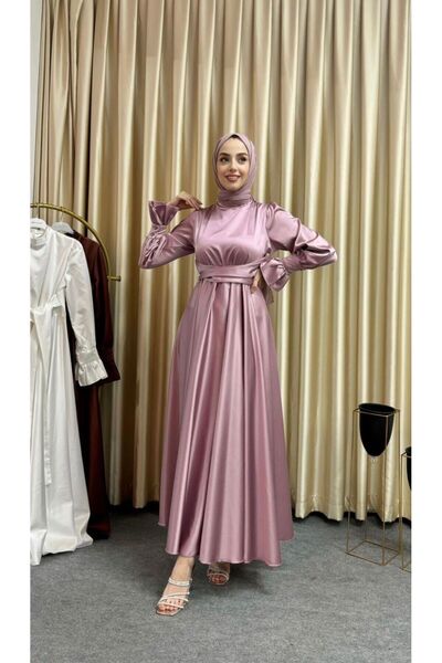 modasusev Βραδινό φόρεμα από σατέν τσαντάκι - Με κορδόνι στη μέση