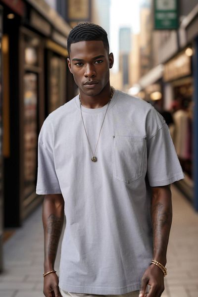 Balenbi Γκρι Oversize Ανδρικό T-Shirt - Crew Neck, με τσέπες