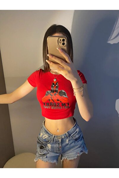 weywot Red Deadpool Character and Text Printed Model Crop Body