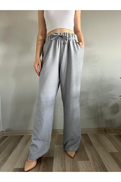 polle Pantaloni de damă cu tăietură largi în amestec de in gri