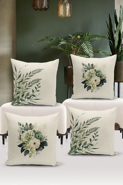 Bertille Home Flower/Vintage Series Double Sided Digital Printed 4-Piece Throw Pillow Case Set (Cushion Cover Set)
