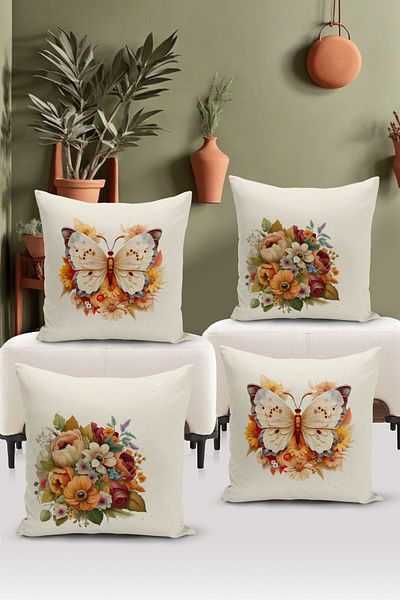 Bertille Home Σετ ριχτάρι μαξιλαριού 4 τεμαχίων με ψηφιακή εκτύπωση διπλής όψης σειράς Flower/Vintage (Σετ κάλυμμα μαξιλαριού)