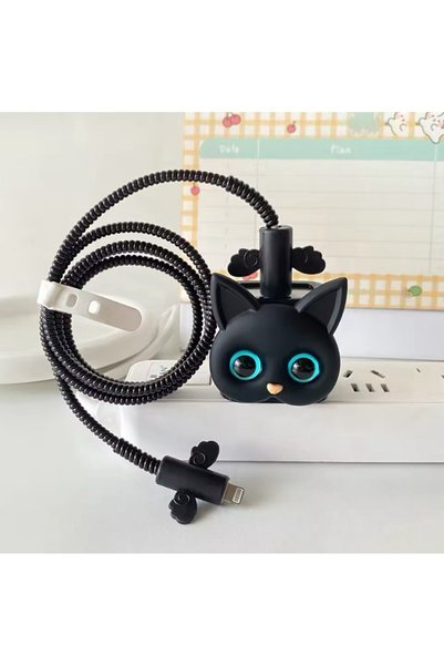 BRUNTOO İphone 18/20W Uyumlu Şarj Koruyucu Kapak ve Kablo koruyucu siyah kedi.