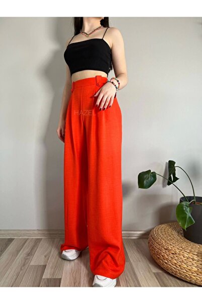 polle Pantaloni Palazzo din in portocaliu cu talie înaltă - cu nasturi