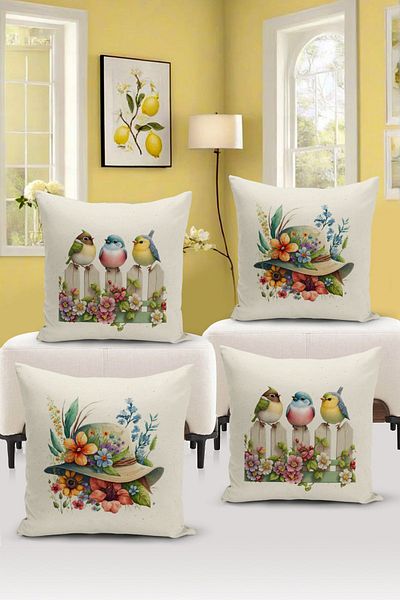 Bertille Home Flower/Vintage Series Double Sided Digital Printed 4-Piece Throw Pillow Case Set (Cushion Cover Set)