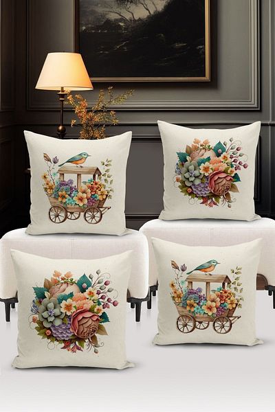 Bertille Home Σετ ριχτάρι μαξιλαριού 4 τεμαχίων με ψηφιακή εκτύπωση διπλής όψης σειράς Flower/Vintage (Σετ κάλυμμα μαξιλαριού)