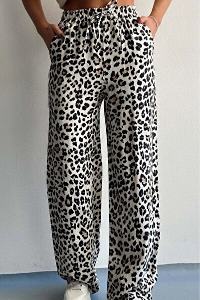 Hisleria Beige Leopard Patterned Cotton Trousers - Pockets and Rubber Waist D...