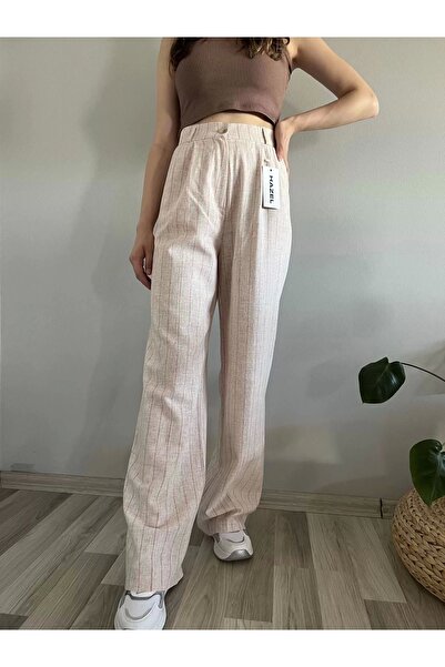 polle Visok struk Roze Prugasto Lan Palazzo ženske pantalone