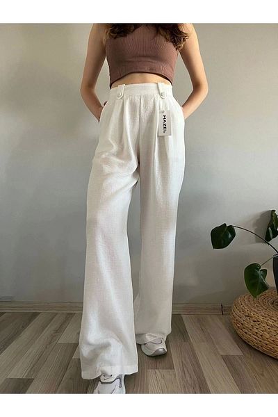 polle White Linen - Buttoned High Waist Women's Palazzo Trousers