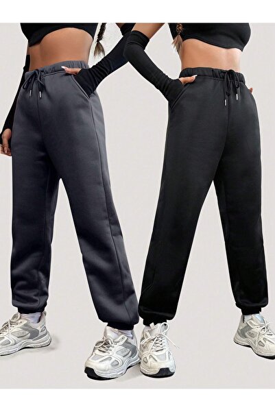 DAXİS Sportwear Company 2'Li Kadın Cepli Lastik Paça Eşofman Altı Füme-Siyah
