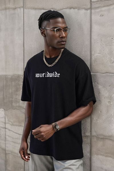Balenbi Μαύρο μπλουζάκι Oversize - Crew Neck, Injection Printed, Unisex