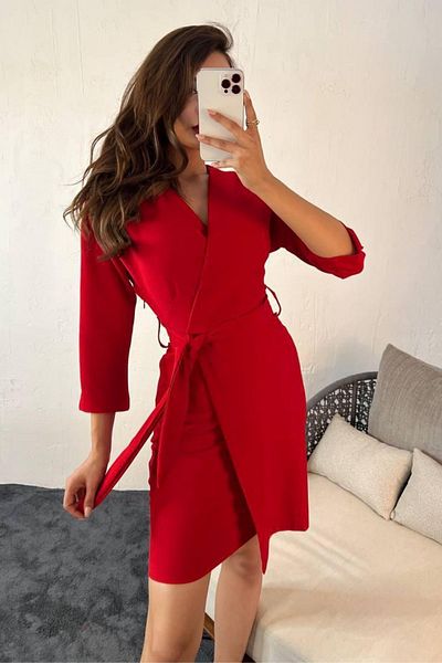 adba style 4007 Model Red Double-breasted Summer Dress - Belted and Double Fabric