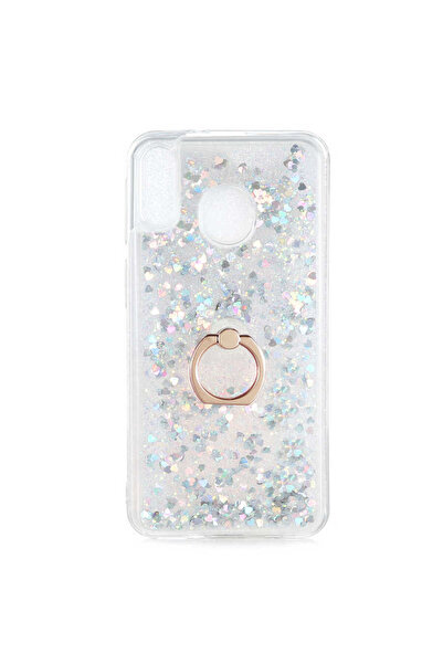 halkhouse Samung Galaxy M20 Kılıf Yüzüklü Simli İçi Sıvılı Sert Silikon Milce Kapak