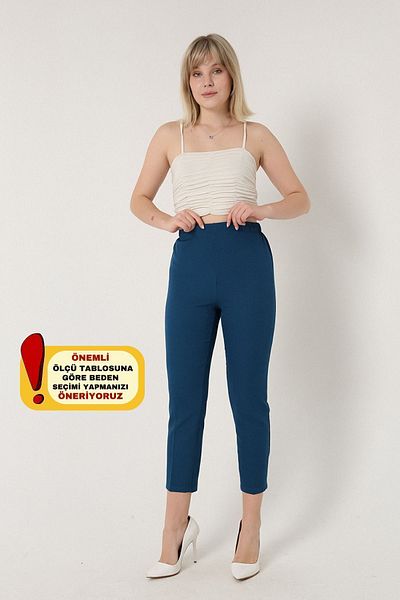 Mogi Butik 3001 Petrol Carrot Leg High Waist Woven Women's Trousers