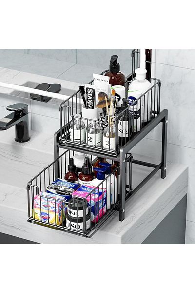 Mismuka 2 Shelves Rail Bathroom Kitchen unDer Sink Cabinet Countertop Organizer - Multi-purpose Basket Organizer