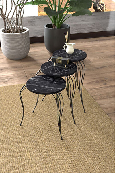 Golden Bark 3-Piece Coffee Table Set Add Elegance to Your Home, 38 cm - Black Marble/Black