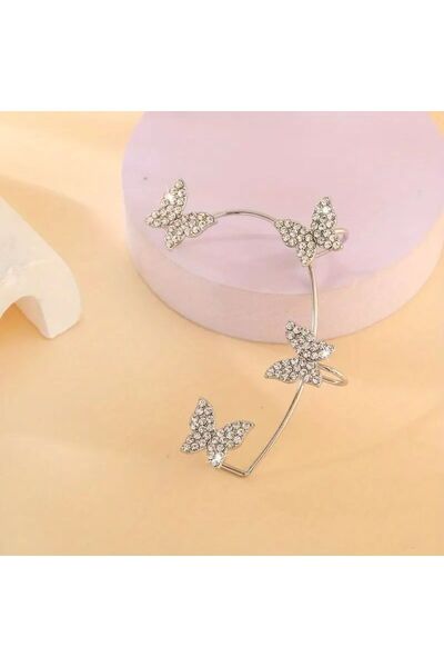 Power Es Kararmaz Paslanmaz Gümüş Renk Taşlı Kulak Manşeti Kelebek Modeli Küpe