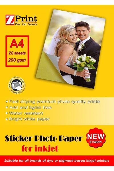 zprint Epson Yazıcılar Için Yapışkanlı Sticker Fotoğraf Kağıdı 200 Gr A4 20 Yaprak