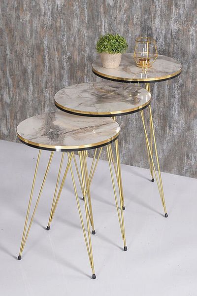 Golden Bark Serving Coffee Tables Set Of 3 Pieces, 34CM, Add Elegance To Your Home - GREY MARBLE/GOLD