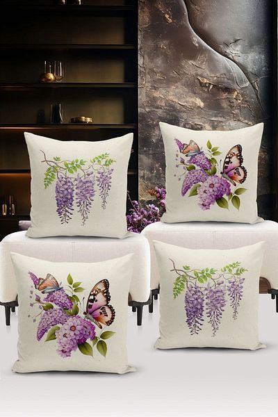Bertille Home Σετ ριχτάρι μαξιλαριού 4 τεμαχίων με ψηφιακή εκτύπωση διπλής όψης σειράς Flower/Vintage (Σετ κάλυμμα μαξιλαριού)