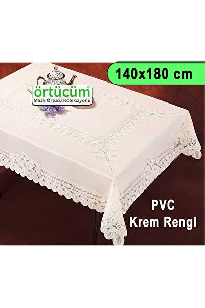 Örtücüm Dantelli Görünümlü Pvc Muşamba Mutfak Masa Örtüsü Krem Motifli 140x180 Cm Silinebilir