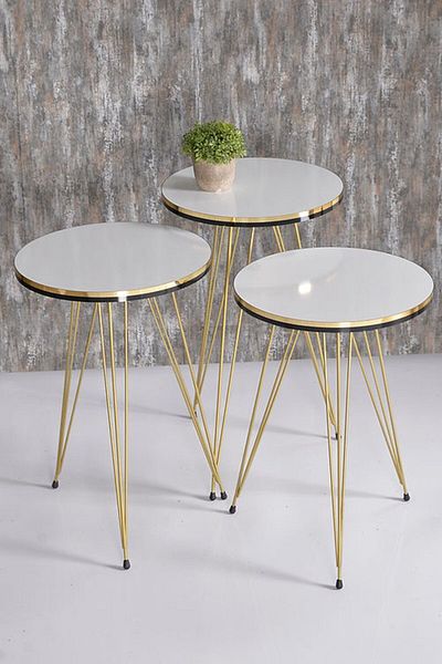 Golden Bark Serving Coffee Tables Set Of 3 Pieces, 34CM, Add Elegance To Your Home - WHITE/GOLD