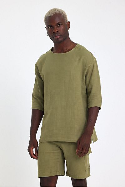 İLKCET MODA Ανδρικό μπλουζάκι με μισό μανίκι κανονικό λινό