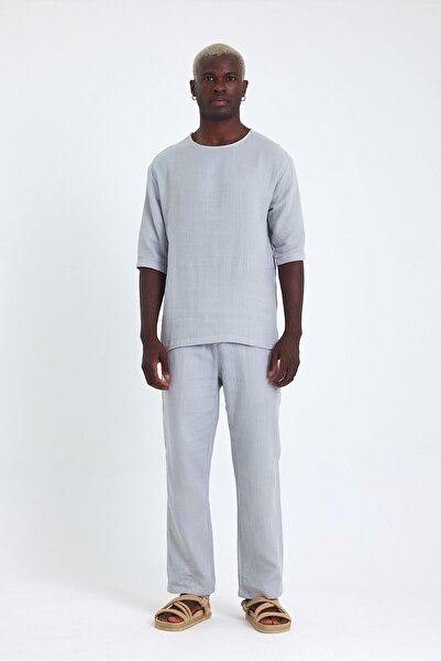 İLKCET MODA Ανδρικό μπλουζάκι με μισό μανίκι κανονικό λινό